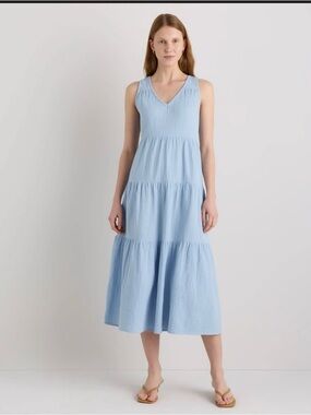 Quince Light Blue Sleeveless Tiered V-Neck Midi Dress